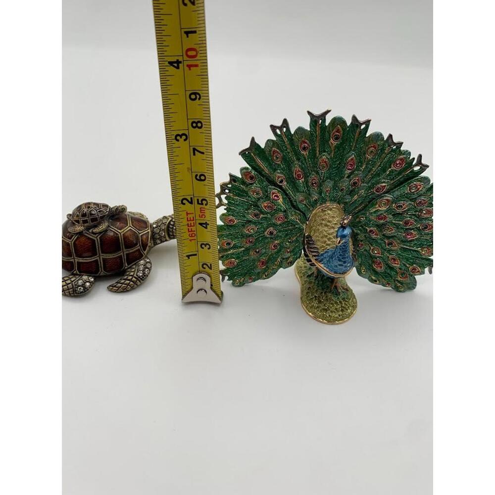 Peacock Bird and Turtle Jewelled Trinket Box - Enamelled - Picture 14 of 15